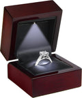 Allure - Luxury Ring Box With LED Light, Authentic Mahogany Wood With Black Leatherette Insert, Square Elegant Diamond Ring Case, For Unique Proposal Or Wedding, Small Jewelry Display Gift Box.