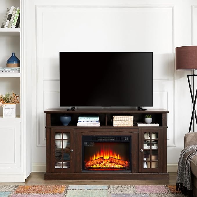 Rustic TV Stand with Electric Fireplace: Tall Wood Entertainment Center Console for 60 Inch TV - Espresso
