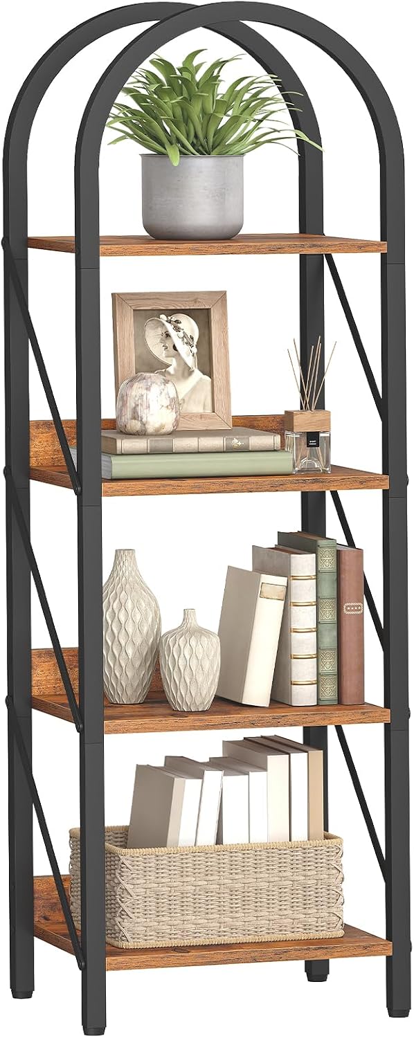 HOOBRO Bookshelf, 4-Tier Arched Bookshelf, Industrial Bookcase with Metal Fra...