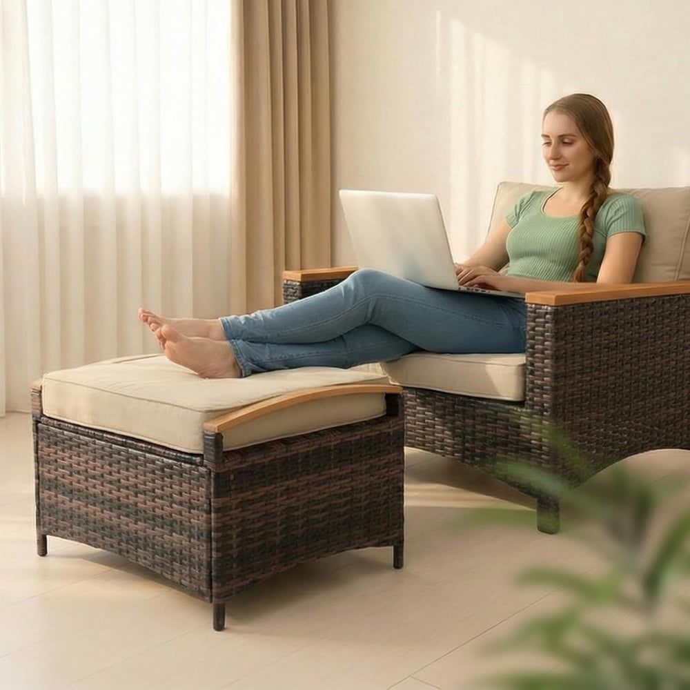 VINGLI 2 Pieces Rattan Ottoman with Storage, Wicker Patio Furniture w/Removab...