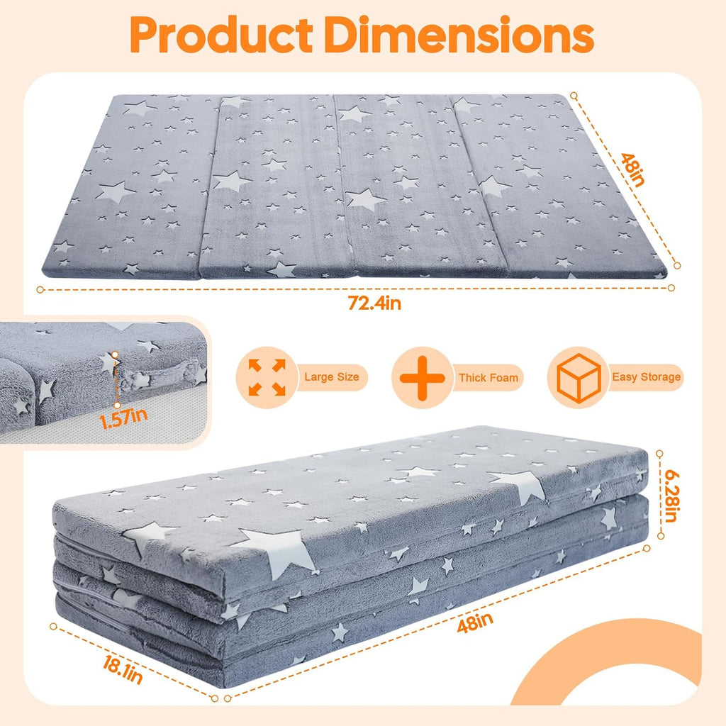 MeMoreCool Foldable Kids Floor Mattress, Play Mat Muscle Mat Large 6x4 FT, Thicken Foam Tatami Futon Mattress for Children Play Area, Sleeping Crawling Pad for Playroom, Grey Star