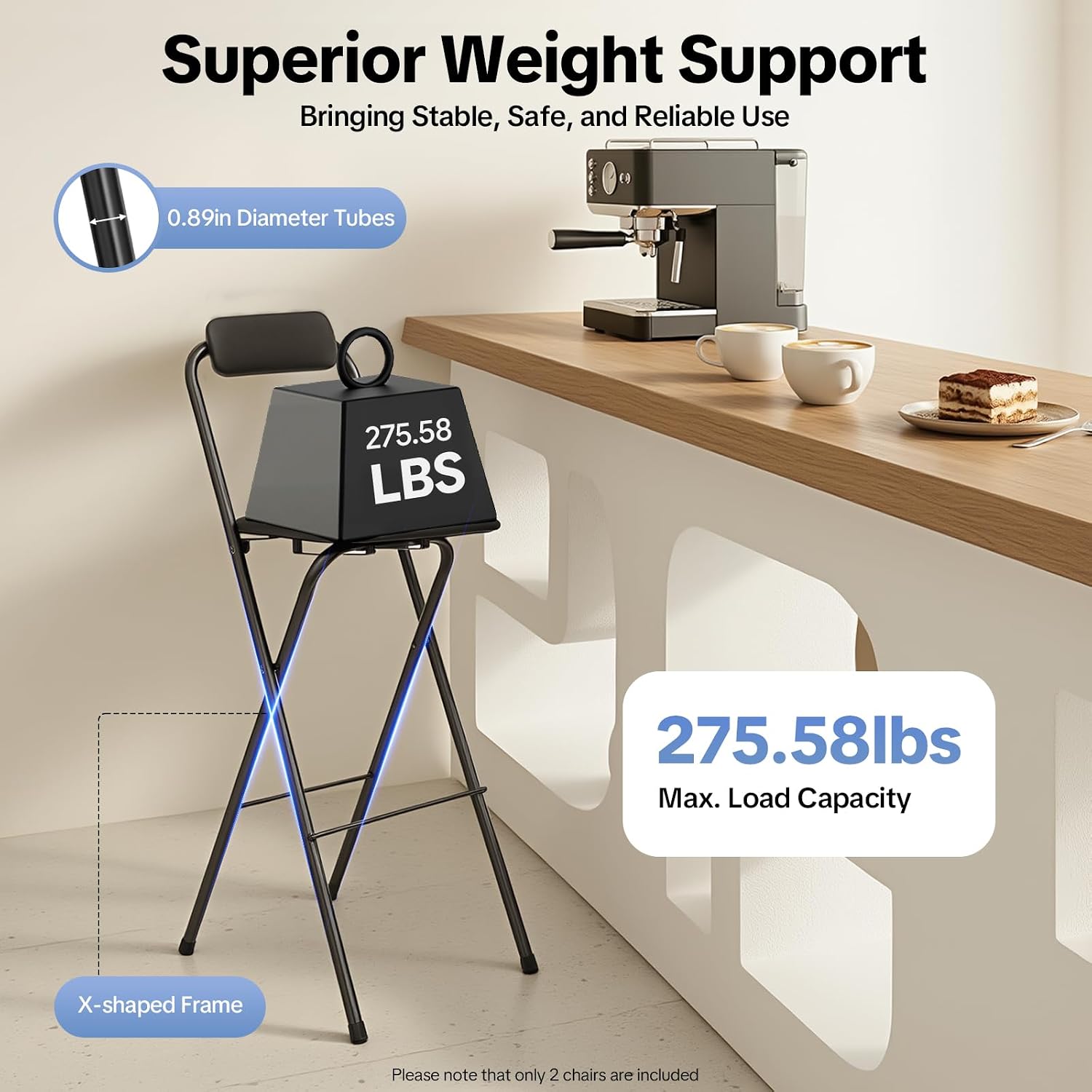 2 Pcs Folding Bar Stool with Backrest, Tall Foldable Stool Chair with PVC Foot Caps Portable Bar Chair Counter Height Seat Leather Padded for Kitchen Island Shop Cafe Dining Room (Black)