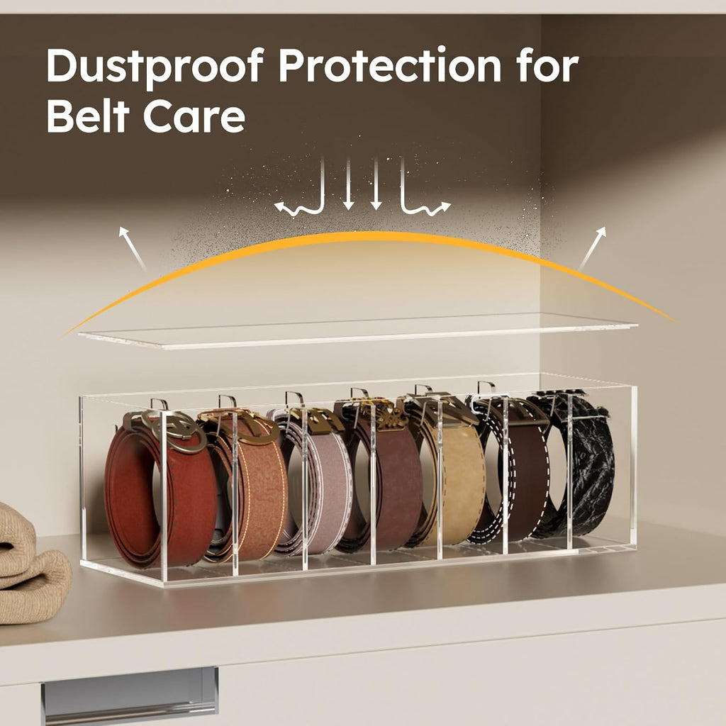 FEMELI Belt Organizer, Acrylic Belt Storage for Closet with Dust Cover, 7 Compartments Belt Container Display Holder for Drawer, Clear Belt Tie Case for Women Men Home