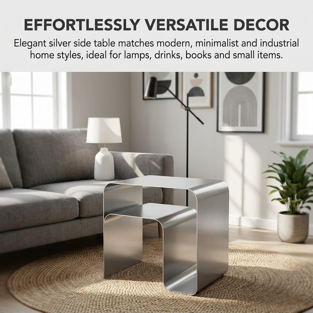 Stainless Steel Side Table, Modern End Table with Double Storage, One-Piece F...