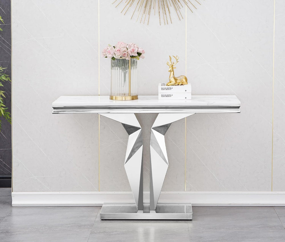 SSLine Modern White Faux Marble Console Table Luxury Entryway Table with Silv...