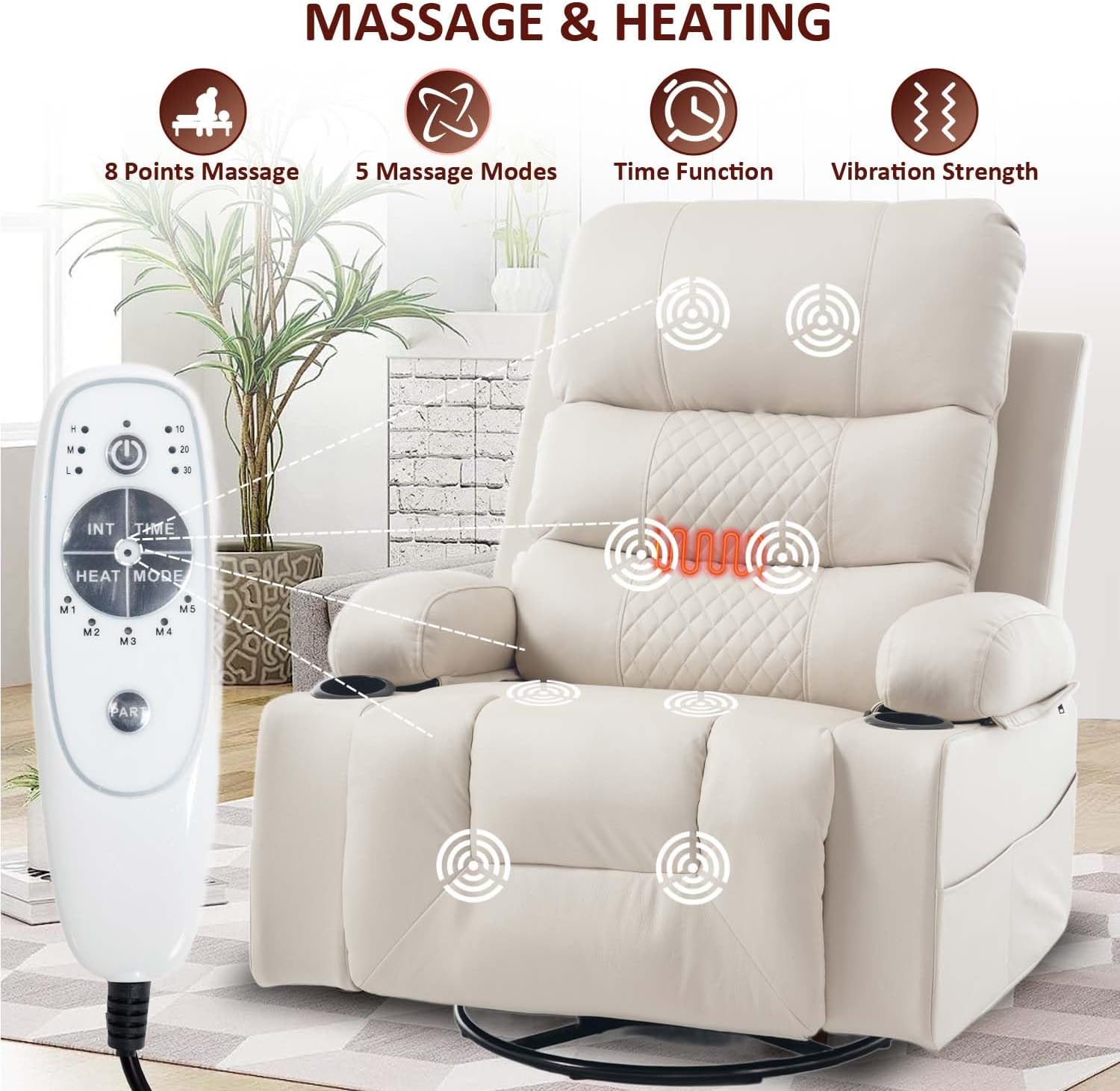 KCQ Power Swivel Rocker Recliner with Massage and Heat USB Port, Overstuffed Faux Leather Electric Rocking Recliner Chair Swivel Glider Chairs for Nursery, Cream Beige