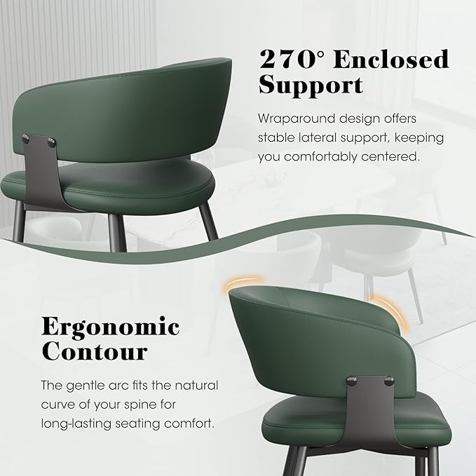 Modern Dining Chairs Set of 4, Faux Leather Upholstered Kitchen Chairs with Curved Back and Metal Legs, Mid Century Chairs for Dining Room, Kitchen, or Café (Green)