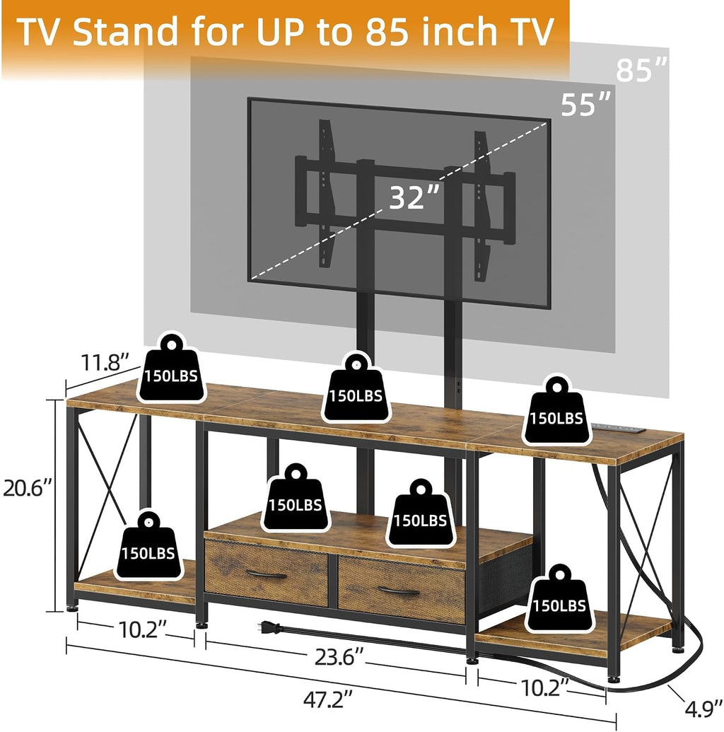 GYIIYUO LED TV Stand with Mount and Power Outlet & Fabric Drawers for 32-85 Inches TV - Entertainment Center and Corner Tv Stand for Living Room, Bedroom- 47" Rustic Brown (Max VESA 600mm × 400mm | with Mount