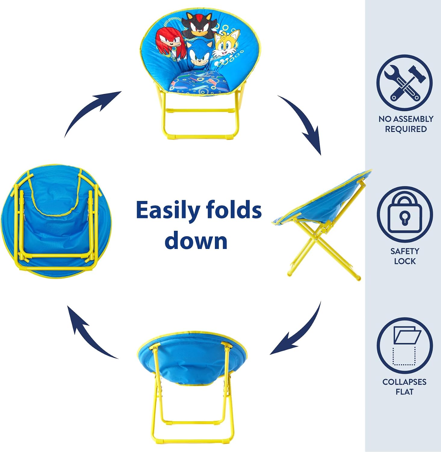 Sega Sonic The Hedgehog 23-Inch Kids Folding Saucer Chair,Portable, Padded Seat with Metal Frame for Kids Ages 3+, Ideal for Bedroom, Playroom, or Gaming Setup