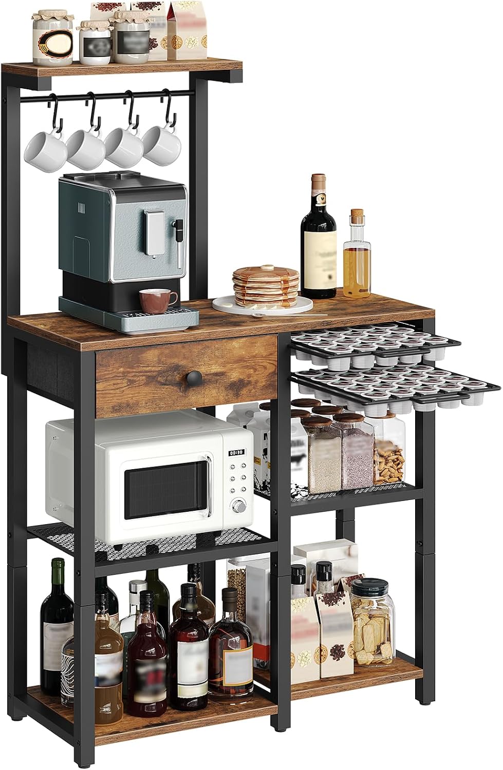 YATINEY Bakers Rack with Storage, 5-Tier Coffee Bar Station with Drawer, Kitchen Coffee Stand with Pod Drawer Holder, for Living Room, Home Cafe, Kitchen, Rustic Brown KF60BRY1