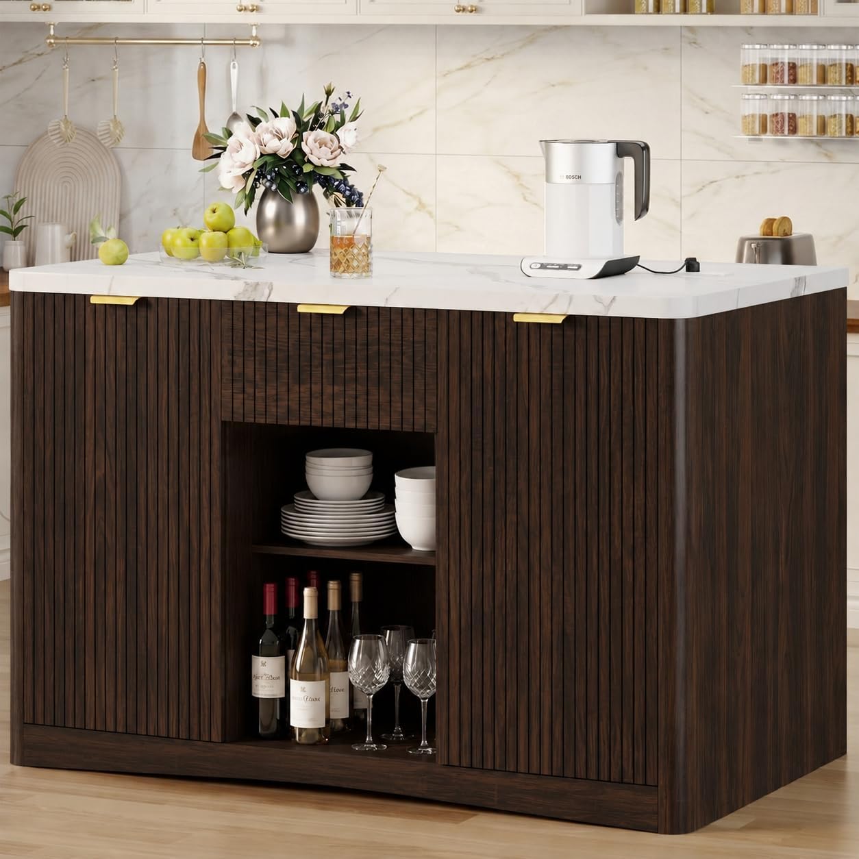 Marble Top Kitchen Island, 47.2" W Kitchen Island on Wheels Islands Table with Power Outlet Rolling Coffee Bar Cart with Buffet Cabinet & Drawer for Dining Room Breakfast Bar Table - Walnut