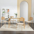 COSVALVE Boho Dining Table Chairs Set of 4, Tempered Glass Tabletop with Rattan Decor, Upholstered Cane Dining Chair with Rattan Back Metal Legs, for Dinner Living Room Reception