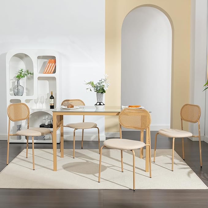 COSVALVE Boho Dining Table Chairs Set of 4, Tempered Glass Tabletop with Rattan Decor, Upholstered Cane Dining Chair with Rattan Back Metal Legs, for Dinner Living Room Reception