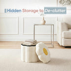 Flower Boucle Storage Ottoman, 12.6" Small Footstool with Padded Seat, Folding Sherpa Foot Rest for Sofa, Floral Accent Side Table for Living Room, Bedroom, Dorm, White