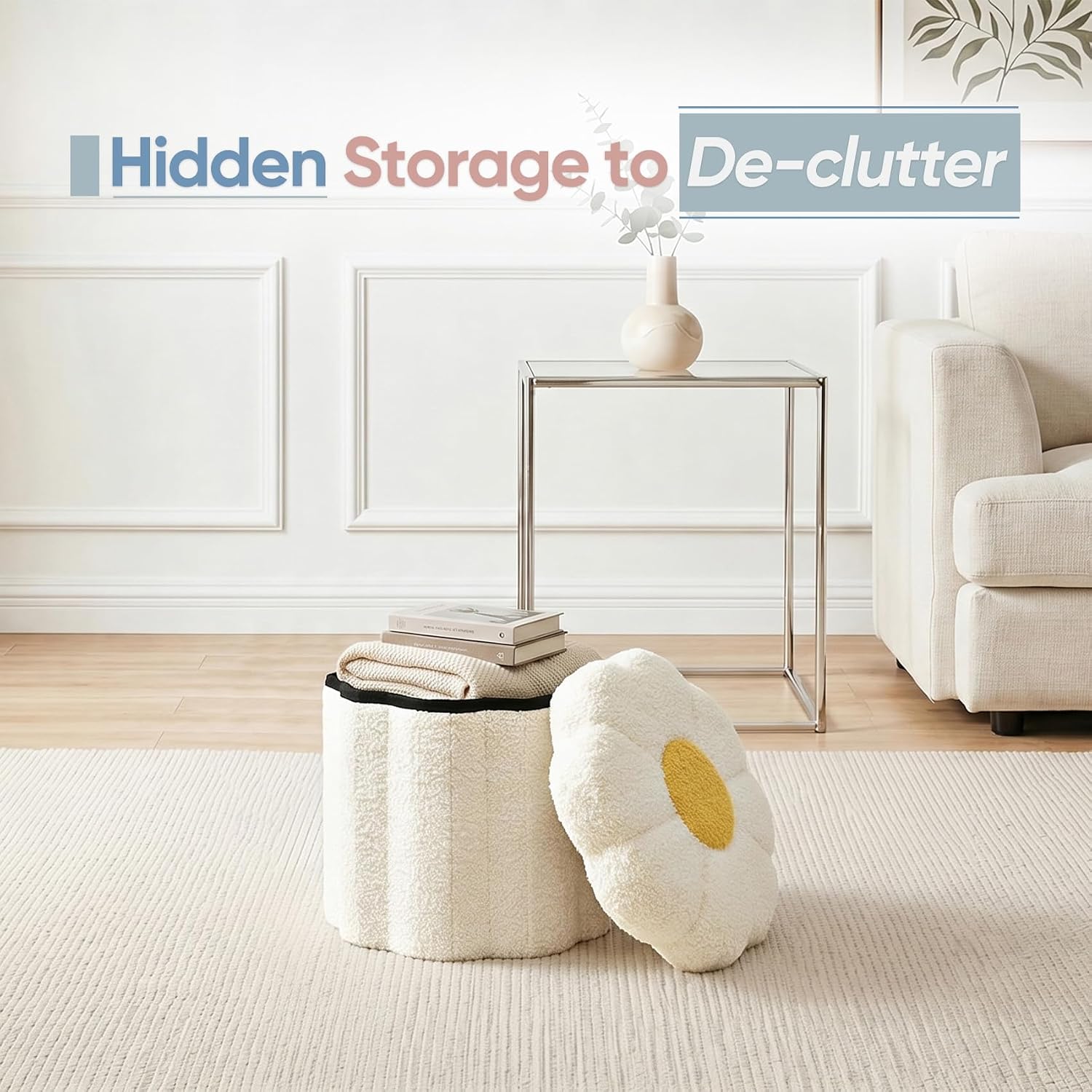 Flower Boucle Storage Ottoman, 12.6" Small Footstool with Padded Seat, Folding Sherpa Foot Rest for Sofa, Floral Accent Side Table for Living Room, Bedroom, Dorm, White