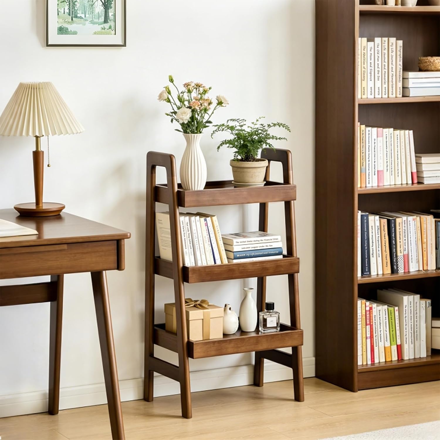 Solid Wood 3-Tier Ladder Shelf, Walnut, Freestanding Open Bookshelf and Side Table for Living Room, Bedroom, Study