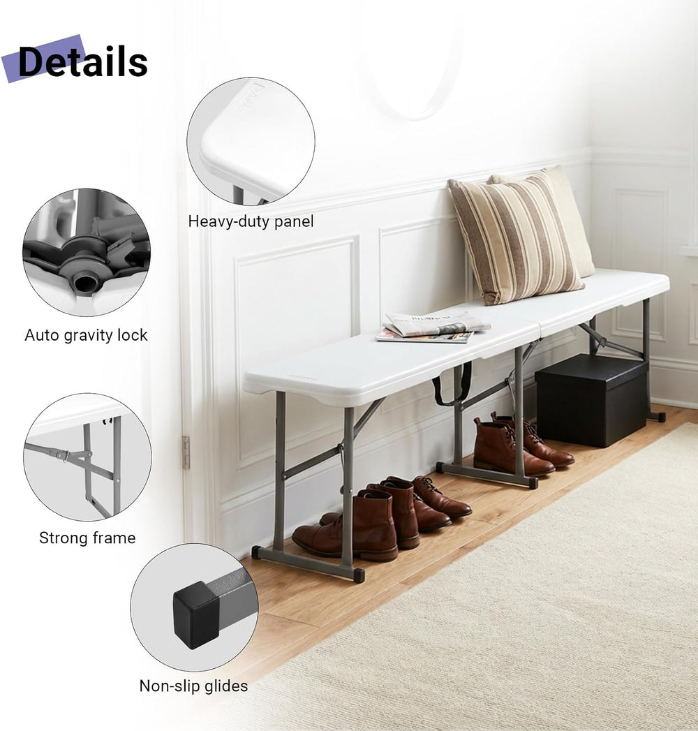 Folding Bench 6ft,Portable Plastic Bench Seat with Handle,White,2 Pack | Heav...