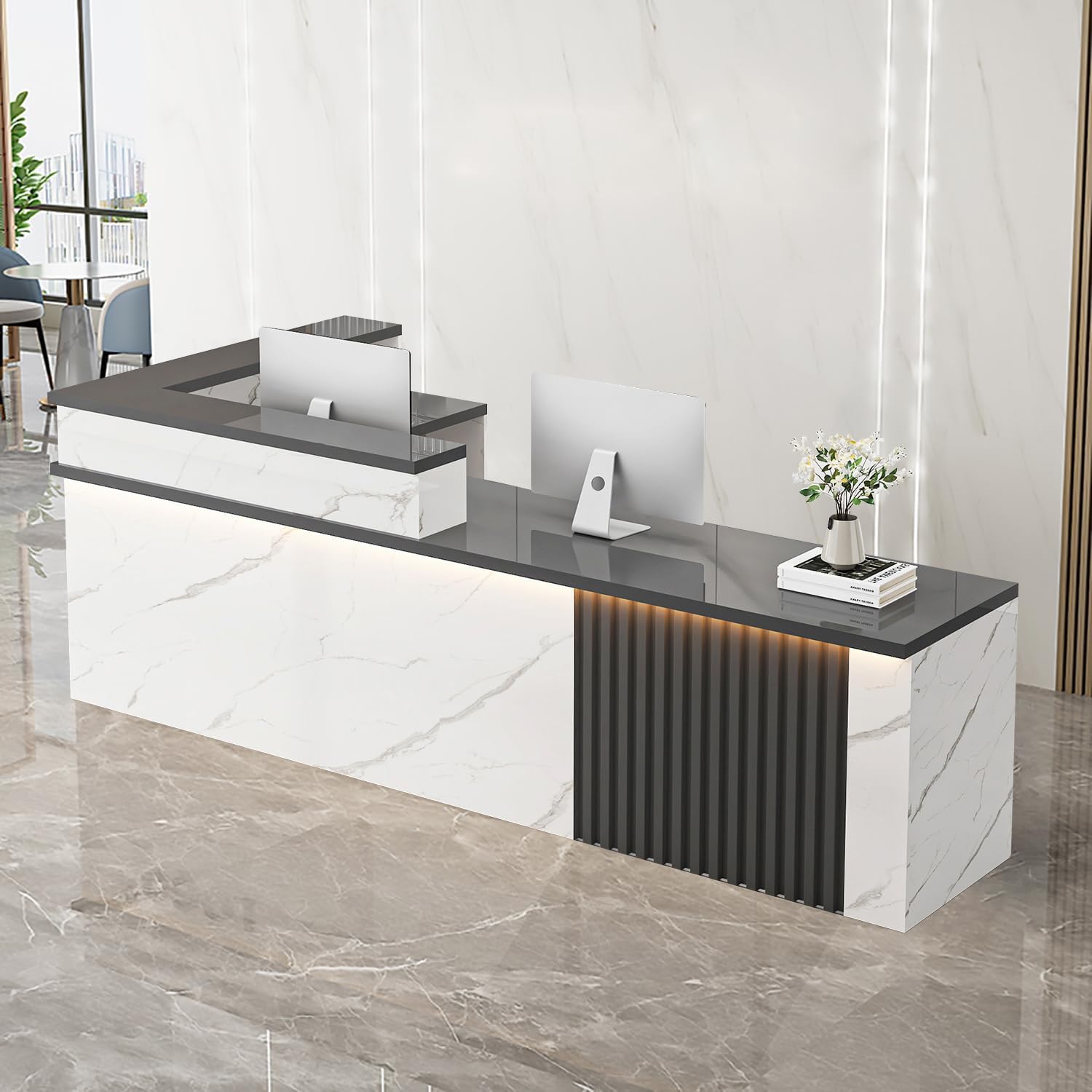 Receptionist Desk with LED Light，Wooden Salon Checkout Counter with Storage Drawer & Keyboard Tray Modern L-Shaped Reception Desk for Barbershop Office Company Store