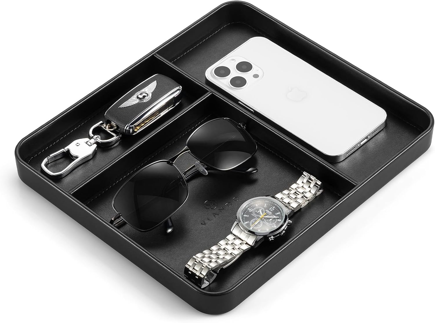 VLANDO Valet Tray, PU Leather Nightstand Organizer with Divider | Nightstand Decor, Key Tray, Divided Valet Tray,Catchall Tray with Dividers, EDC Tray, Watch Tray, Catchall Tray for Men Black