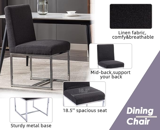 CIMOTA Black Modern Dining Chairs Set of 6, Upholstered Dining Room Chairs Armless Guest Side Chair with Chrome Base for Dining Room/Kitchen, Charcoal Black, 6PCS