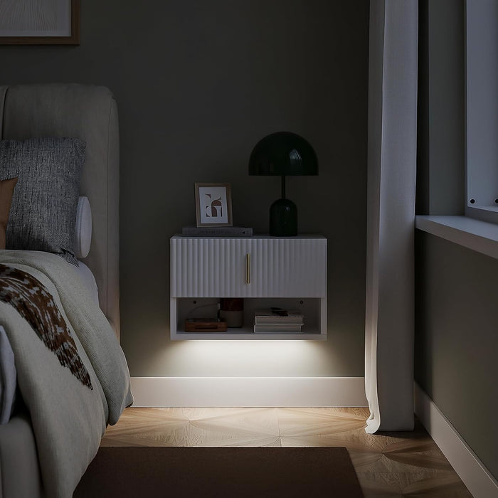 SoBuy Floating Nightstand with LED Sensor Light | Slim Wall Mounted Bedside Table with Drawer, Narrow White Nightstand for Bedrooms and Dorms, FBT176-E-