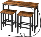 HOOBRO Bar Table and Chairs Set, 39.4" Dining Table Set with Power Outlet, 3-Piece Pub Table Set, Kitchen Bar Height Table with Stools of 2, Space Saving for Living Room, Rustic Brown BF45UBT01