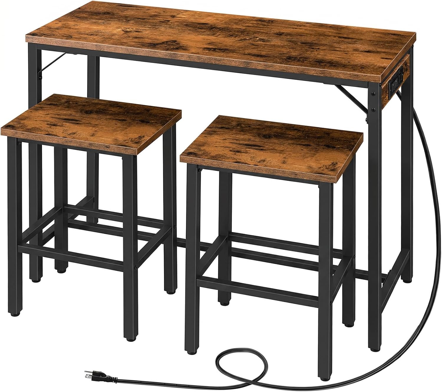 HOOBRO Bar Table and Chairs Set, 39.4" Dining Table Set with Power Outlet, 3-Piece Pub Table Set, Kitchen Bar Height Table with Stools of 2, Space Saving for Living Room, Rustic Brown BF45UBT01
