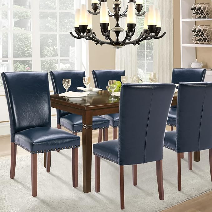 Parsons Dining Chairs Set of 6, Upholstered Nailhead PU Leather Dining Room Kitchen Side Chair with Thick Cushions and Wood Legs, Blue
