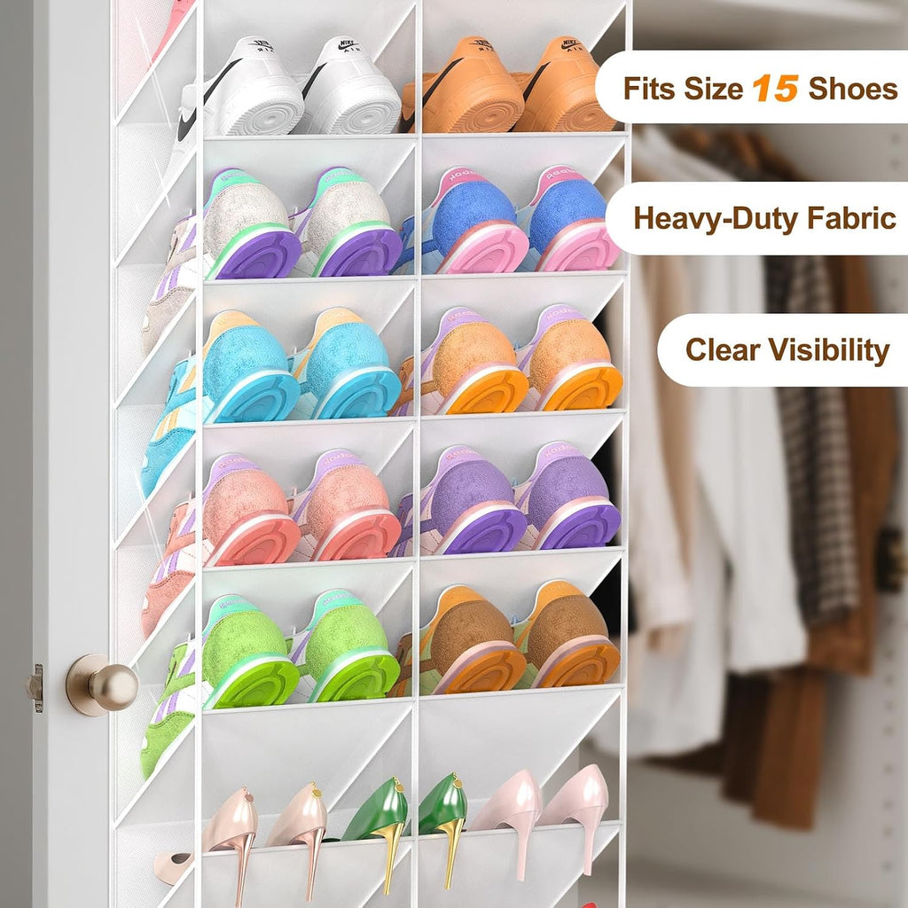 UVIAHOMI 20-30 Pairs Over the Door Shoe Organizer, Clear Pockets Hanging Shoe Storage for Closet, 10-Tier Door Shoes Rack, Handing Shoes Holder Fit All the Family's Sneakers, Boots, Heels, White