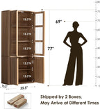 77" Tall Pantry Cabinets with Glass Doors, Fluted Storage Cabinet, Oak 2pcs | Wooden Kitchen Food Cupboard, Adjustable Shelves, Modern Display Storage Closet for Living Room, Dining Room, Office