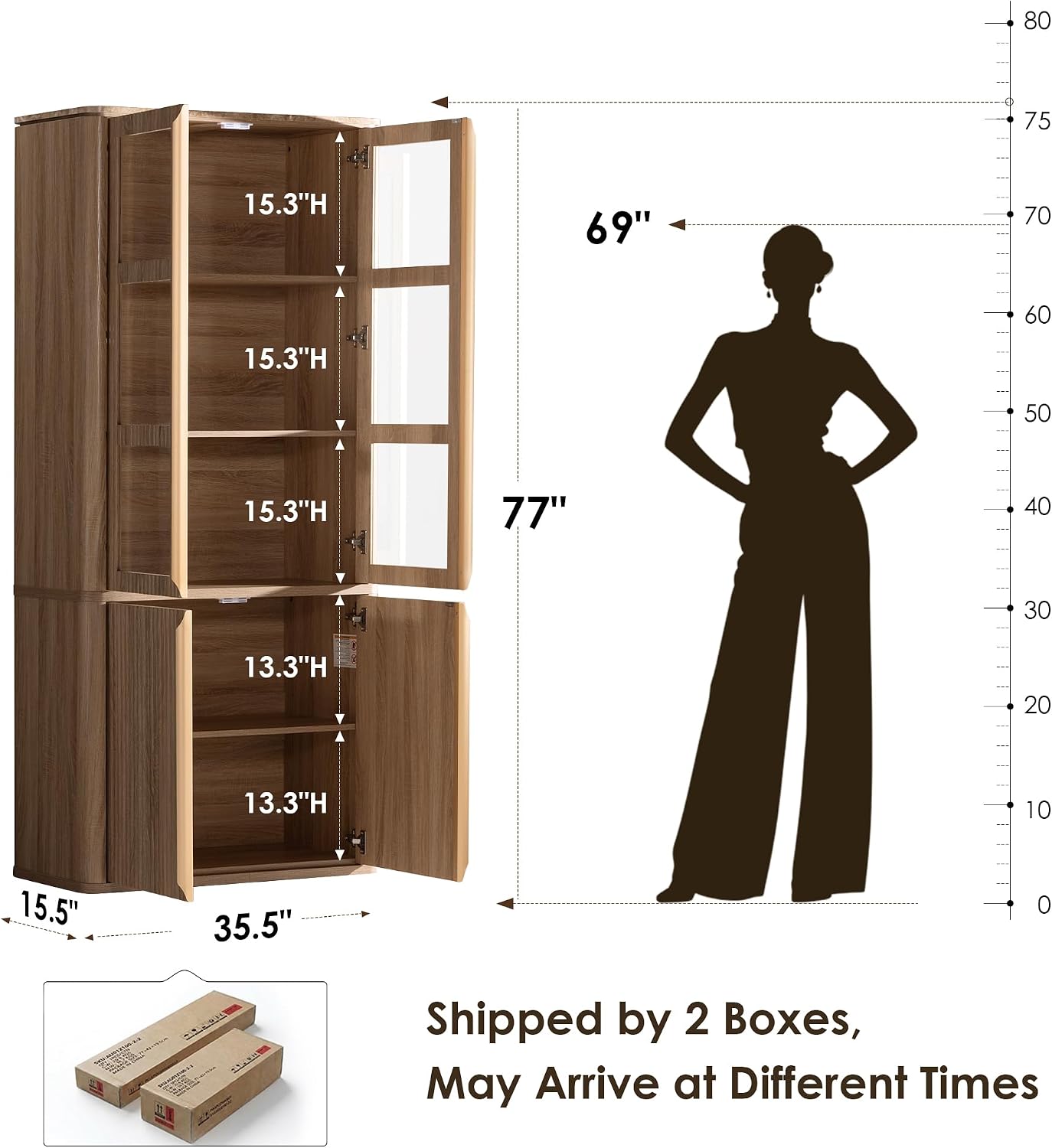 77" Tall Pantry Cabinets with Glass Doors, Fluted Storage Cabinet, Oak 2pcs | Wooden Kitchen Food Cupboard, Adjustable Shelves, Modern Display Storage Closet for Living Room, Dining Room, Office