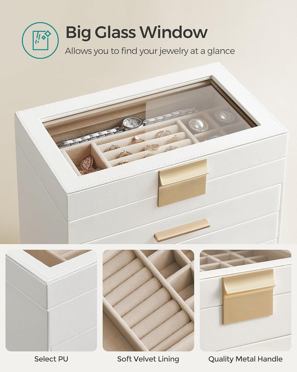 SONGMICS Jewelry Box Organizer with Glass Lid, 6-Layer Jewelry Storage, with 5 Drawers, Modern Style, Christmas Gift, 6.4 x 9.9 x 11.4 Inches, Cloud White and Gold Color UJBC171W01