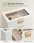 SONGMICS Jewelry Box Organizer with Glass Lid, 6-Layer Jewelry Storage, with 5 Drawers, Modern Style, Christmas Gift, 6.4 x 9.9 x 11.4 Inches, Cloud White and Gold Color UJBC171W01