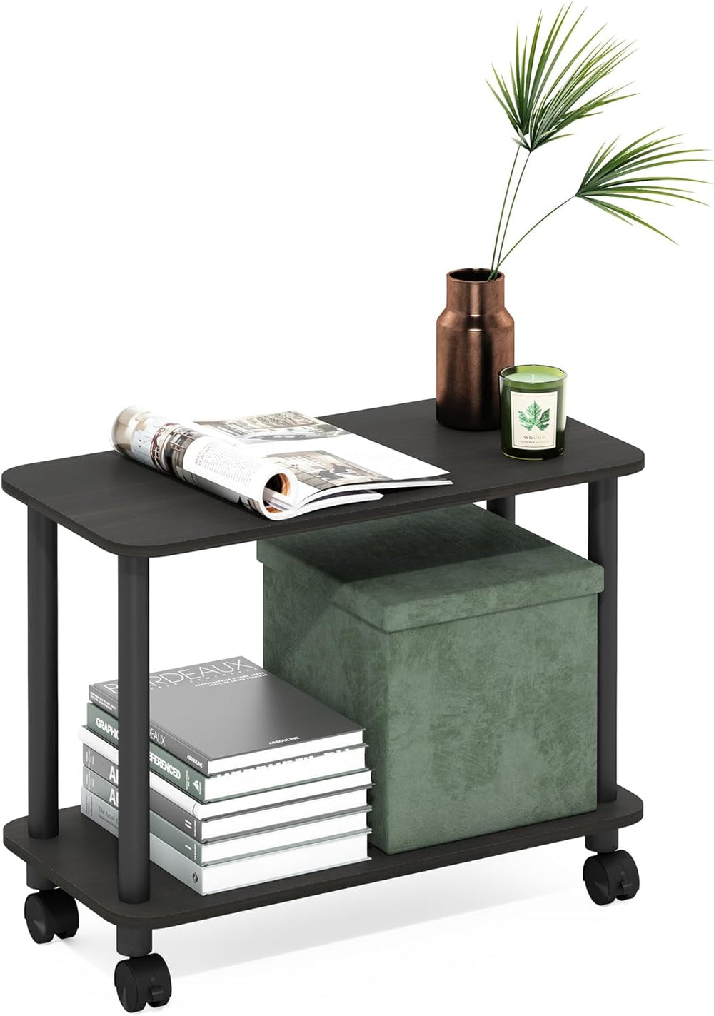 Furinno Turn-N-Tube Side Table, 2-Tier Sofa End Table with Wheels, Toolless A...