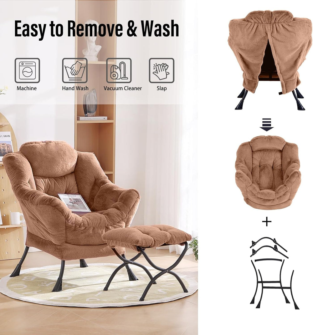 Lazy Chair with Ottoman, Reading Chair for Bedroom，Brown