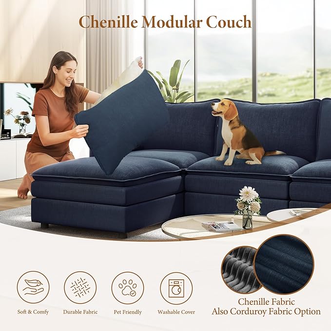 Vesgantti Large Modular Sectional Sofa, Big Comfy Cloud Couch with Ottoman Deep Seat Chenille Cloud Sofa, 9 Seater Large Sectional Couches for Living Room, Bedroom and Apartment, Blue