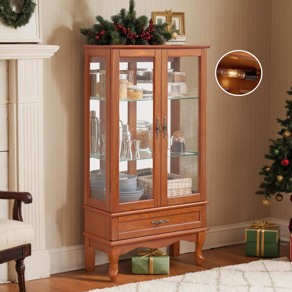 52" Lighted Accent Curio Cabinet, 3-Tier Antique Storage Cabinet with Te...