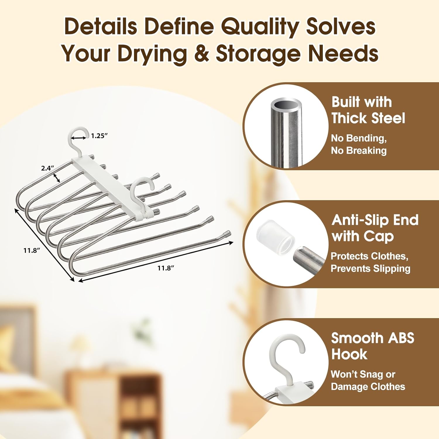 Space Saving Pants Hanger 6 Tier - Stainless Steel No Slip Multi Trouser Rack for Jeans, Slacks, Scarves - Vertical Folding Closet Organizer Saver for Men Women, 2 Pack