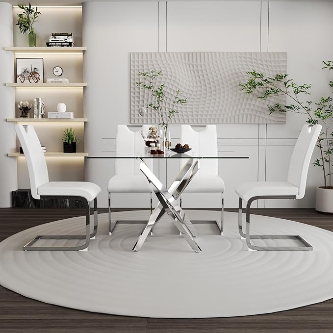 5 Piece Dining Table Table Set, Modern Tempered Glass Dining Table Set for 4 Kitchen Table Set with 4 Upholstered Chairs for Kitchen Dining Room (Sliver Table with White Hoop Leg Chairs)