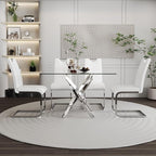 5 Piece Dining Table Table Set, Modern Tempered Glass Dining Table Set for 4 Kitchen Table Set with 4 Upholstered Chairs for Kitchen Dining Room (Sliver Table with White Hoop Leg Chairs)