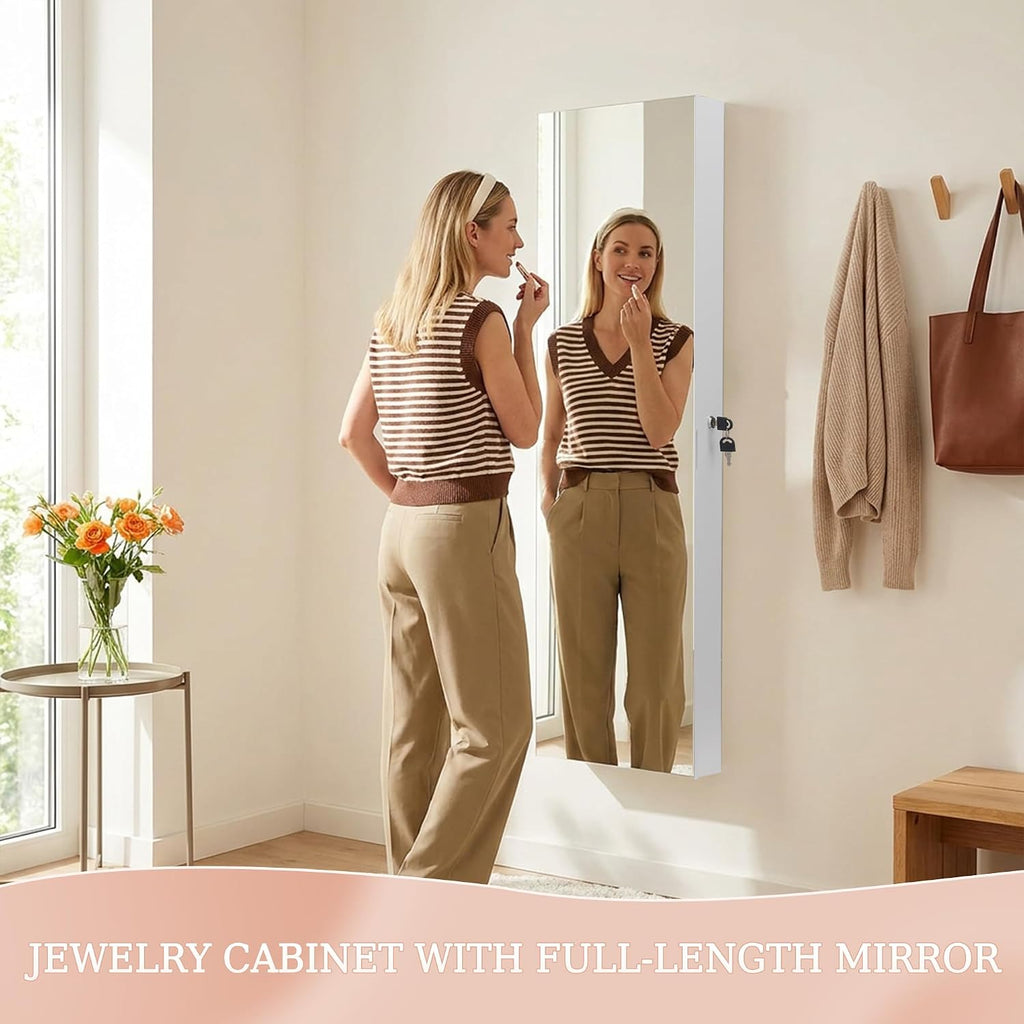Unisakey Lockable Mirror Jewelry Cabinet LED Lights Wall Mount White | Door or Wall Mount Flexible,Drawers Cosmetic Trays Shelves Inside,Built-in Full-Length Mirror,Dimensions 14.4"×3.15"×43.1"
