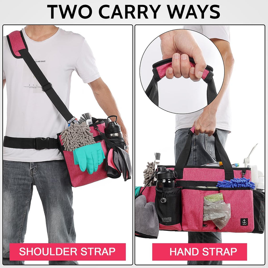 Large Cleaning Caddy Bags Pink with Sturdy Support Board, Cleaning Organizer with Detachable Dividers, Cleaning Supply Tote with Adjustable Shoulder Strap & Waist Belt for Cleaners Housekeepers