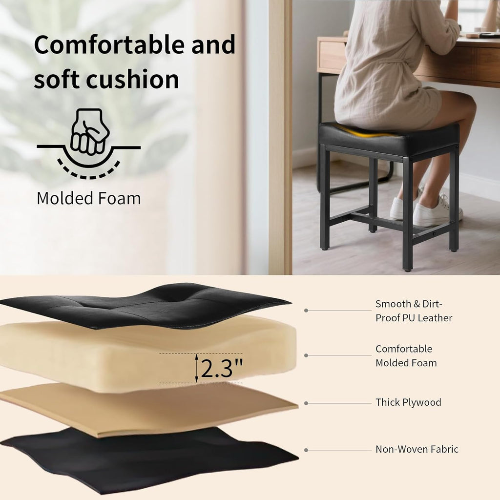 Saddle Seat Vanity Stool, Makeup Stool Chair with Metal Leg, U-Shaped Faux Leather Ottoman Foot Rest, Small Square Chairs Under Desk for Vanity, Living Room, Bedroom, Modern Makeup Bench Black