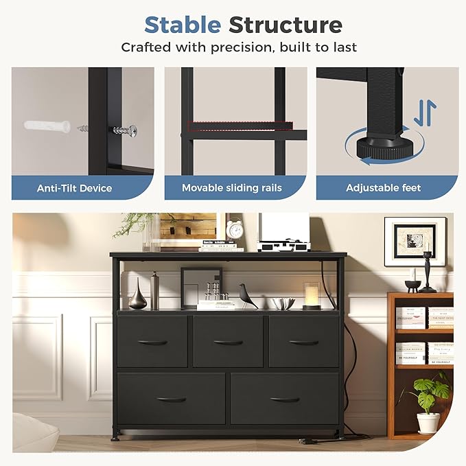 DUMOS TV Stand, Dresser with 5 Fabric Storage Drawers, Media Console Featuring Open Shelf, Fabric Storage Cabinet with Charging Station, Compact Entertainment Unit for Bedroom, Living Room, Black