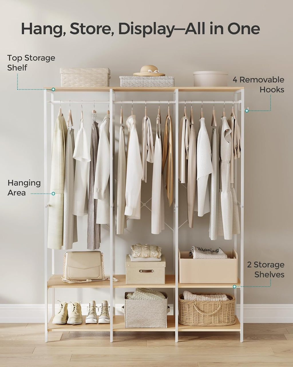 SONGMICS Clothes Rack, Iron and Wood Wardrobe Closet Organizer, Heavy Duty Garment Rack with Hanging Rods, Closet Shelves, Removable Hooks, 15.7 x 55.5 x 70.9 Inches, Natural Beige URGR005W67