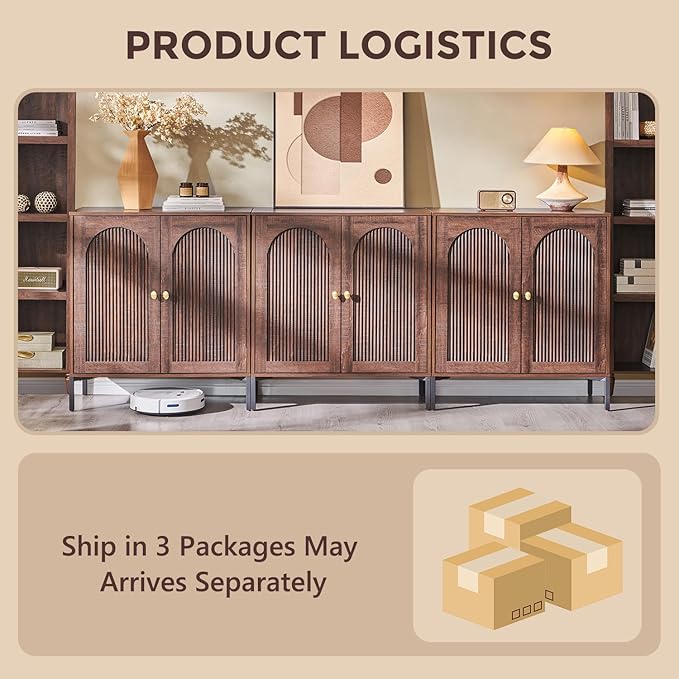 Modern TV Stands for 80 Inch TVs, 92.63" W Wood Entertainment Center w/Adjustable Shelves, Mid Century Modern TV Stand w/Arched Fluted Doors, Media Console Cabinet for Living Room, Brown