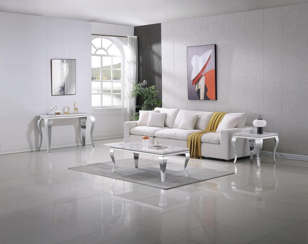 3 Piece Living Room Table Set, White Marble Coffee Table Set of 3, Modern Cof...