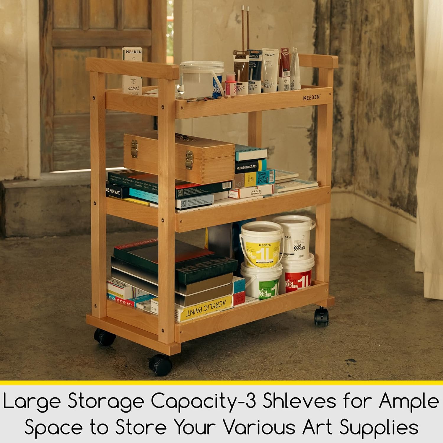 MEEDEN Art Cart Storage Organizer, 3-Tier Rolling Utility Studio Taboret with Caster Wheels, Multifunctional Storage Trolley Shelving Unit on Wheels, Solid Beechwood Art Supplies Studio Cart Classroom