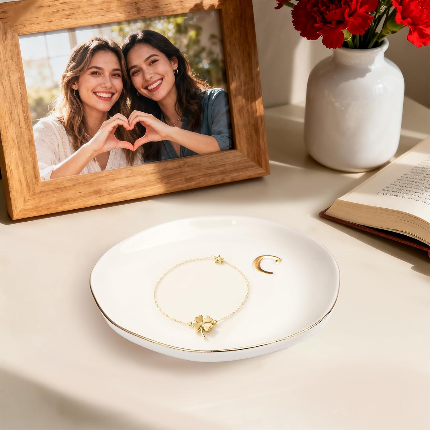 Initials Ring Dish Jewery Tray Ceramic Jewelry Tray Engagement Wedding Gifts for Friends,Sister,Birthday for Women, 4.75"