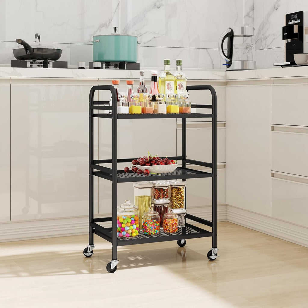 HDANI 3 Tier Rolling Cart,Heavy Duty Multifunctional Metal Frame-Supports 22 Lbs Per Tier,Mesh Rolling Cart with 2 Lockable Wheels for Office,Home,Bedroom,Kitchen,Bathroom,Black